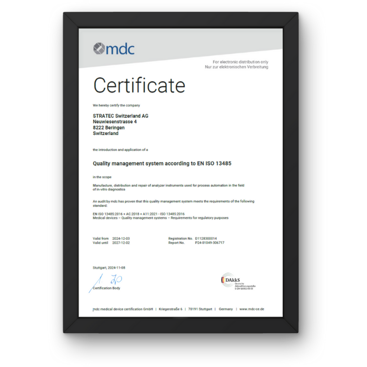 Certificate for STRATEC Switzerland AG’s quality management system according to EN ISO 13485