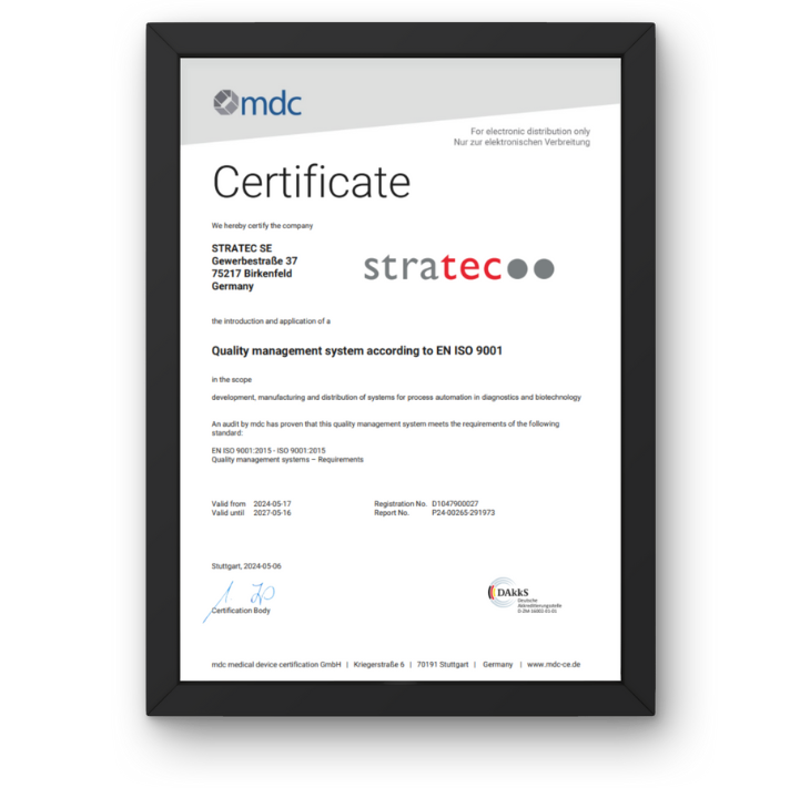 Certificate for STRATEC SE’s quality management system according to EN ISO 9001