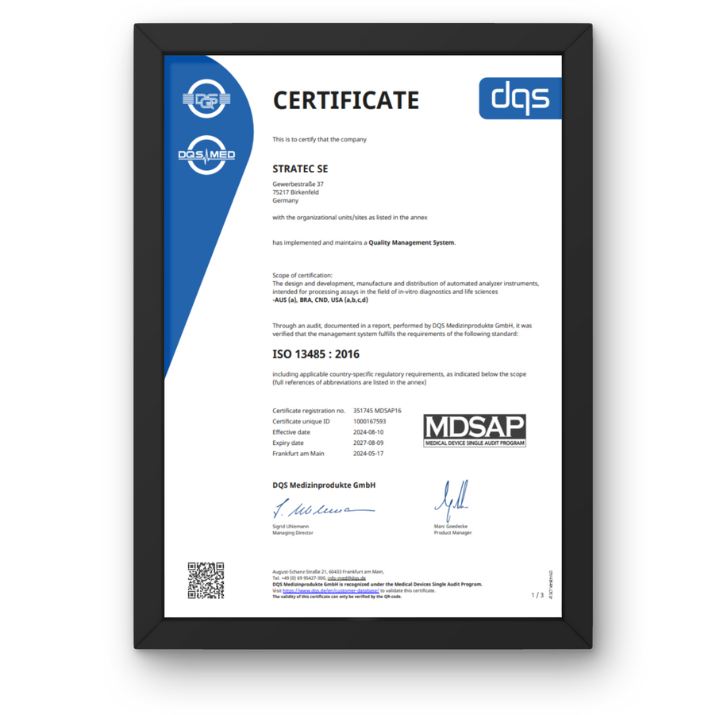 ISO 13485 MDSAP certification for STRATEC SE