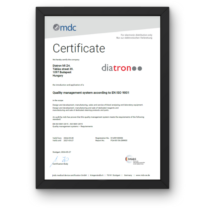 Certificate for Diatron’s Quality management system according to EN ISO 9001