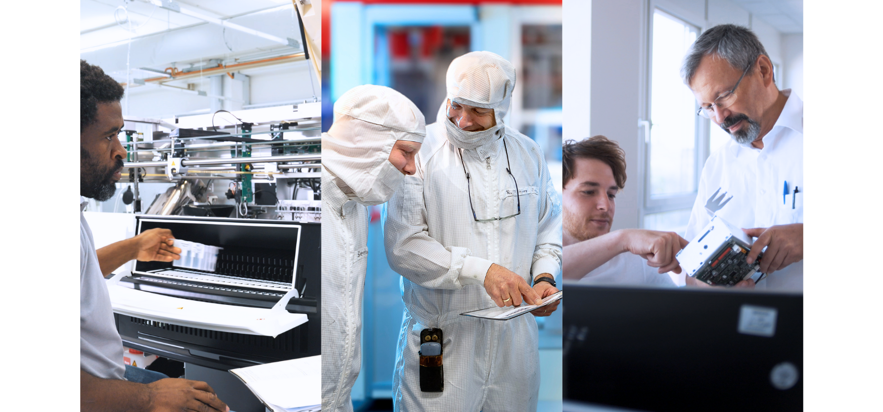 Compilation of three pictures with our STRATEC colleagues working in different field in the production of systems for the healthcare industry