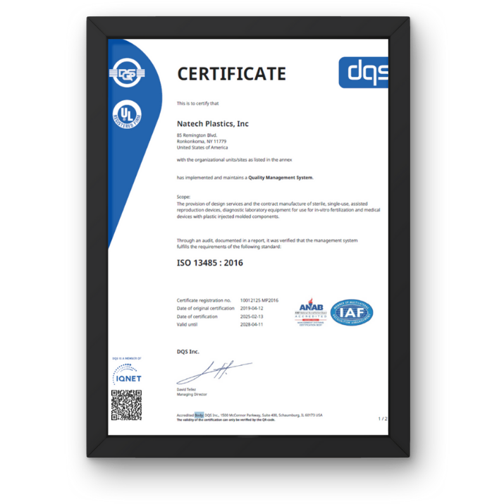 Certificate for Natech’s Quality management system according to EN ISO 13485