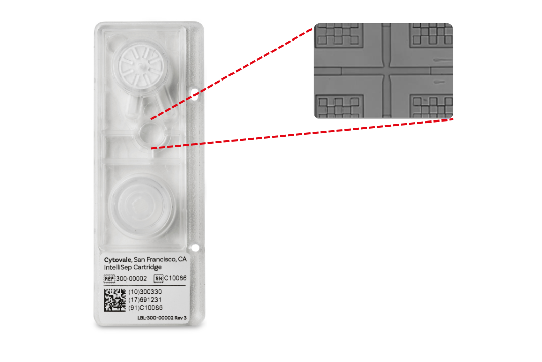 Cytovale IntelliSep® diagnostic tool with a close-up on surface of the tool