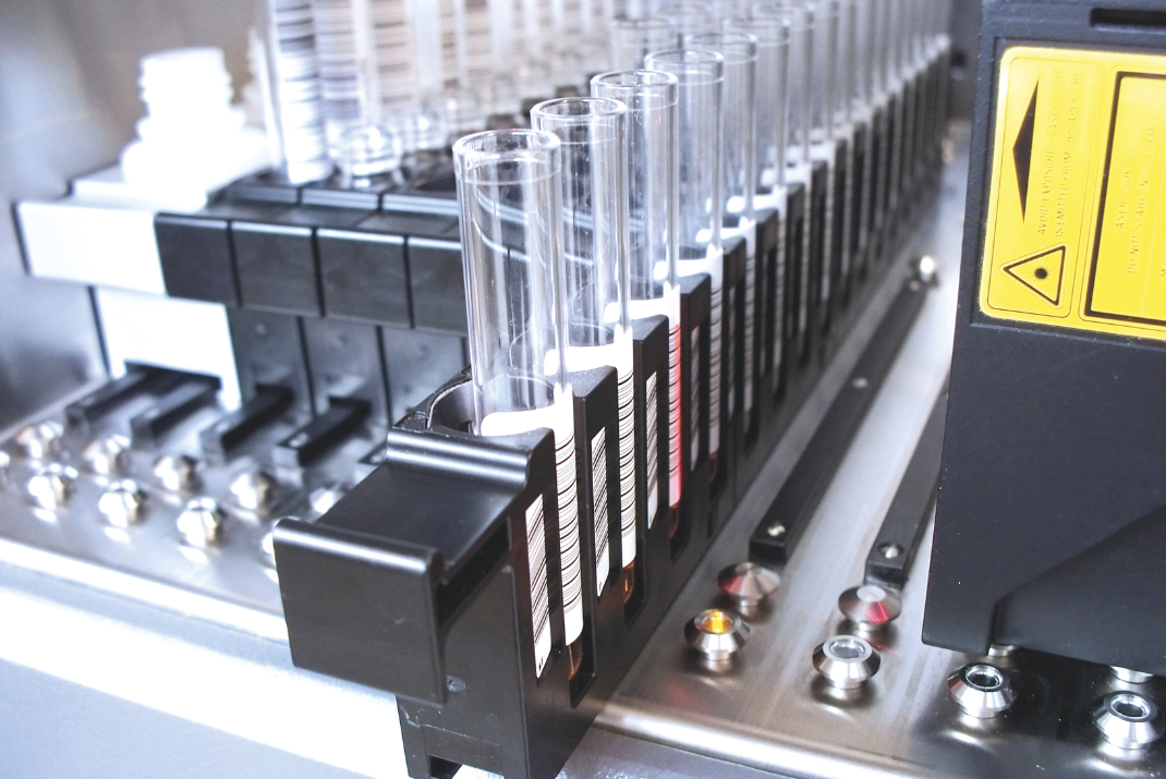 Close-up of the testing rack in the GEMINI processor for ELISA testing by Diatron