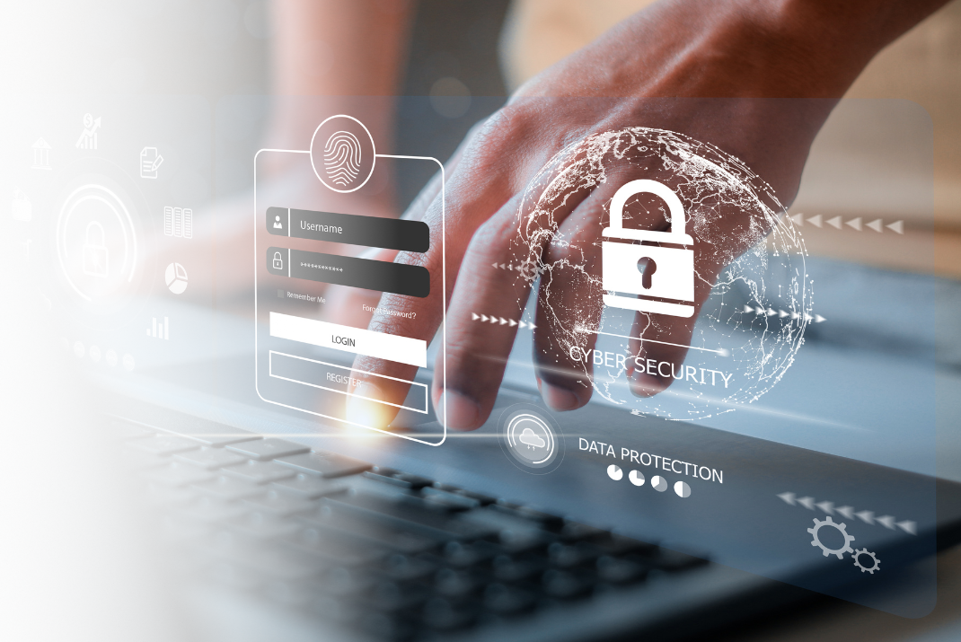 Laptop hovering over data protection symbols