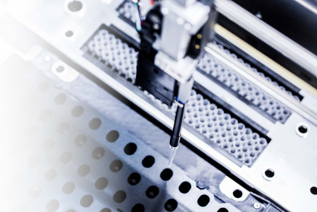 Close-up from the top of an analyzer system with STRATEC’s air displacement pipettor