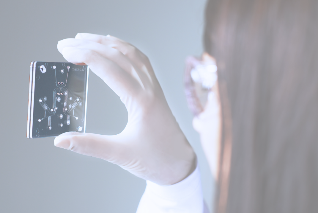 A clear microfluidic chip with engraved channels being held by a laboratorian 